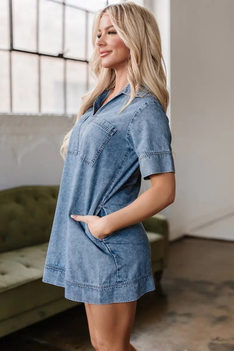 Beau Blue Short Sleeve Collared Patched Pocket Denim Mini Dress - Love Salve